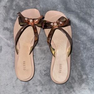 Guess Womens Bow Thong Flip Flop Sandal 37 Rose Gold Metallic Rhinestone